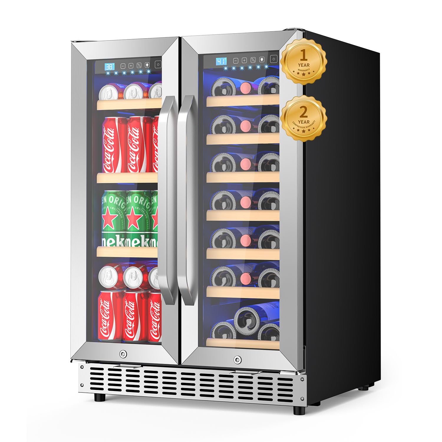 Eorice 24" 21-Bottle & 88-Can Dual Zone Built-In Or Freestanding Under Counter Refrigerator, Curved Handle - View 2 | Fridge.com