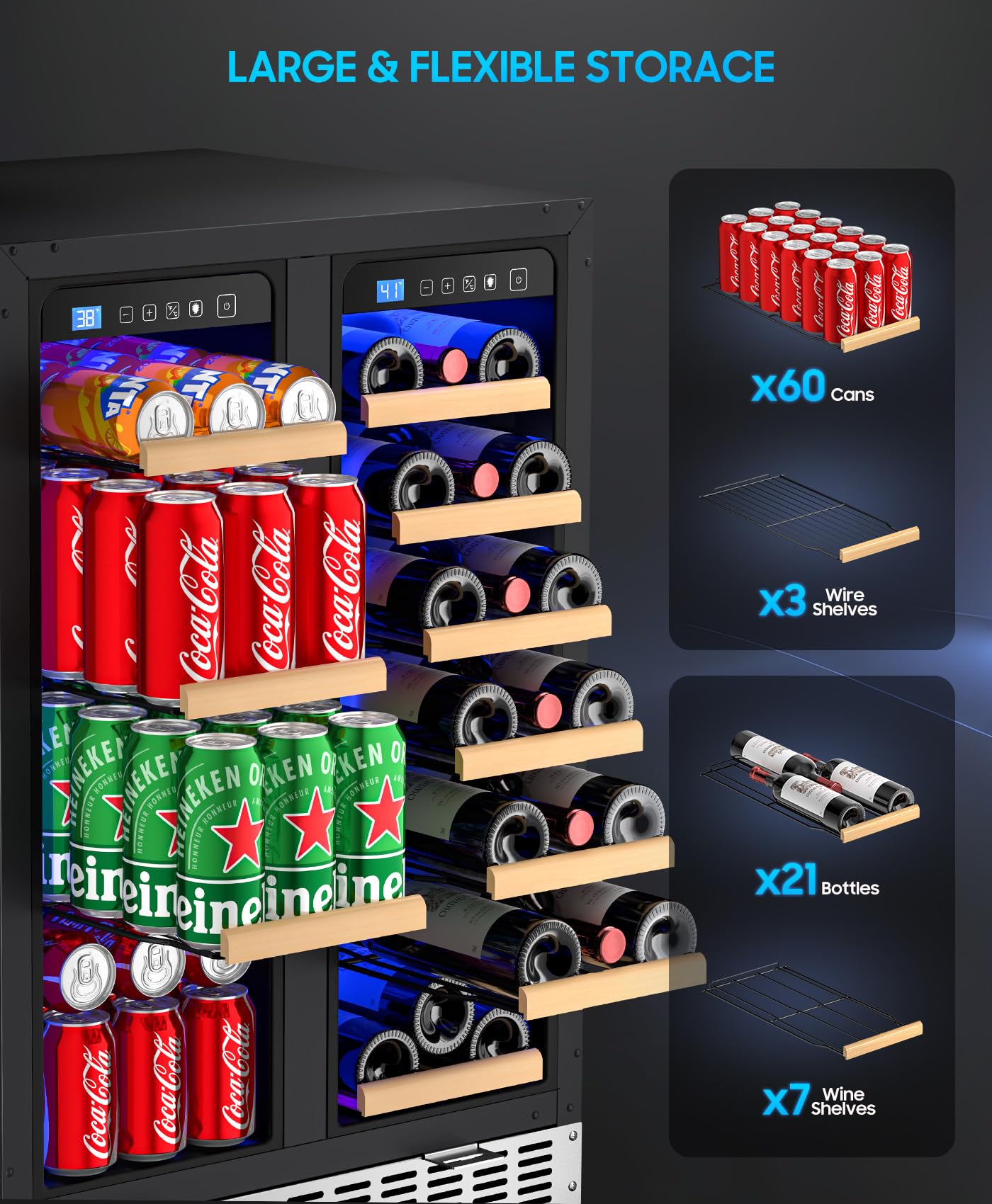 Eorice 24" 21-Bottle & 88-Can Dual Zone Built-In Or Freestanding Under Counter Refrigerator, Curved Handle - View 4 | Fridge.com