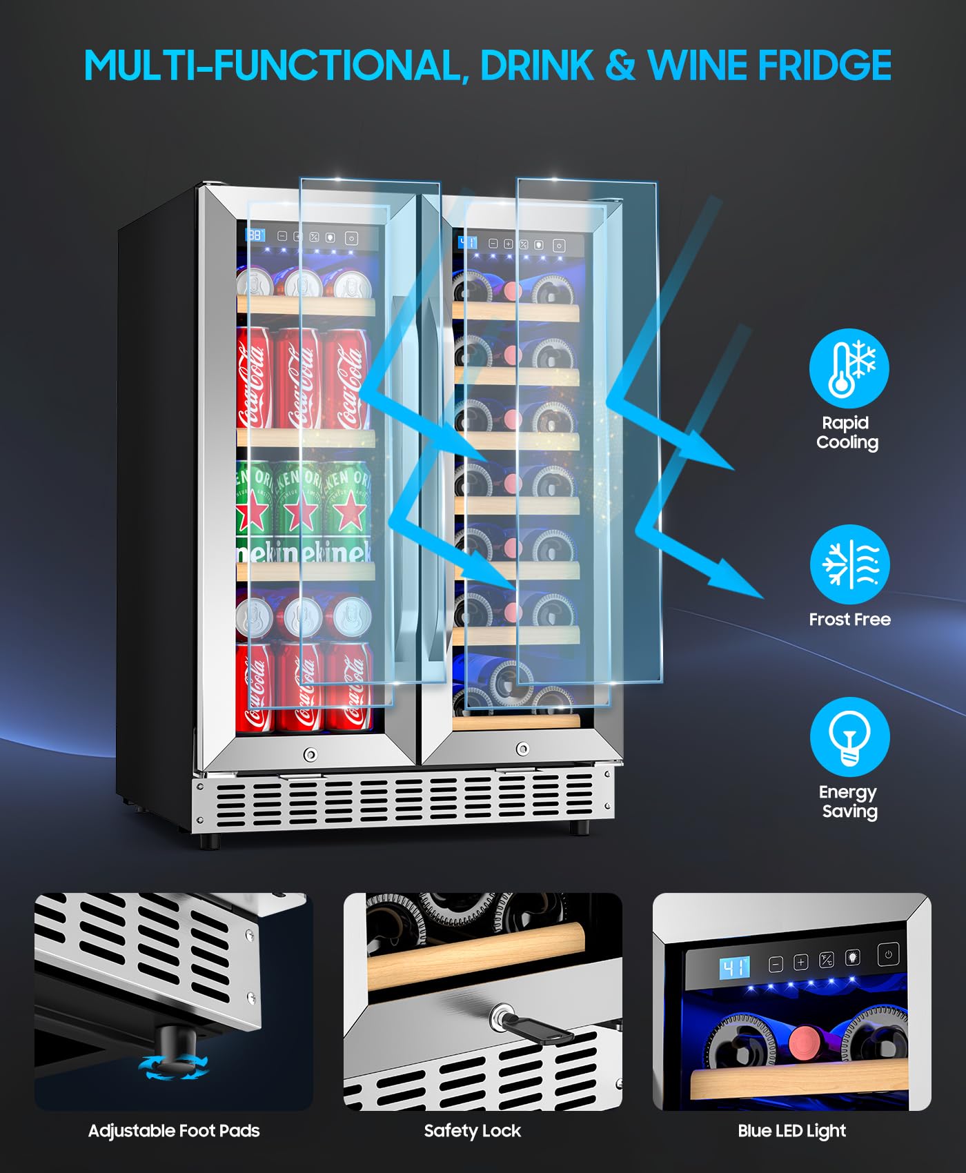 Eorice 24" 21-Bottle & 88-Can Dual Zone Built-In Or Freestanding Under Counter Refrigerator, Curved Handle - View 5 | Fridge.com