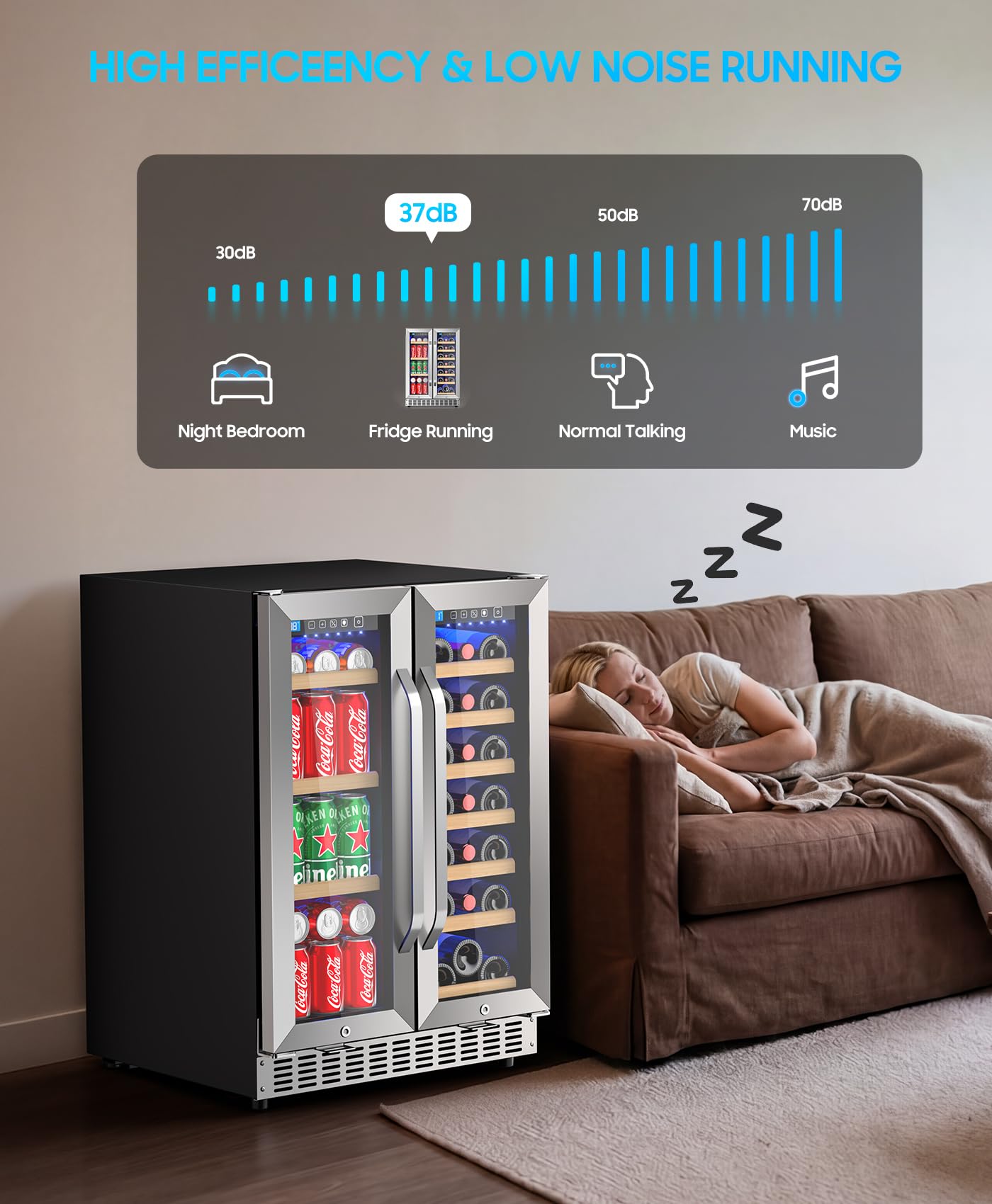 Eorice 24" 21-Bottle & 88-Can Dual Zone Built-In Or Freestanding Under Counter Refrigerator, Curved Handle - View 6 | Fridge.com
