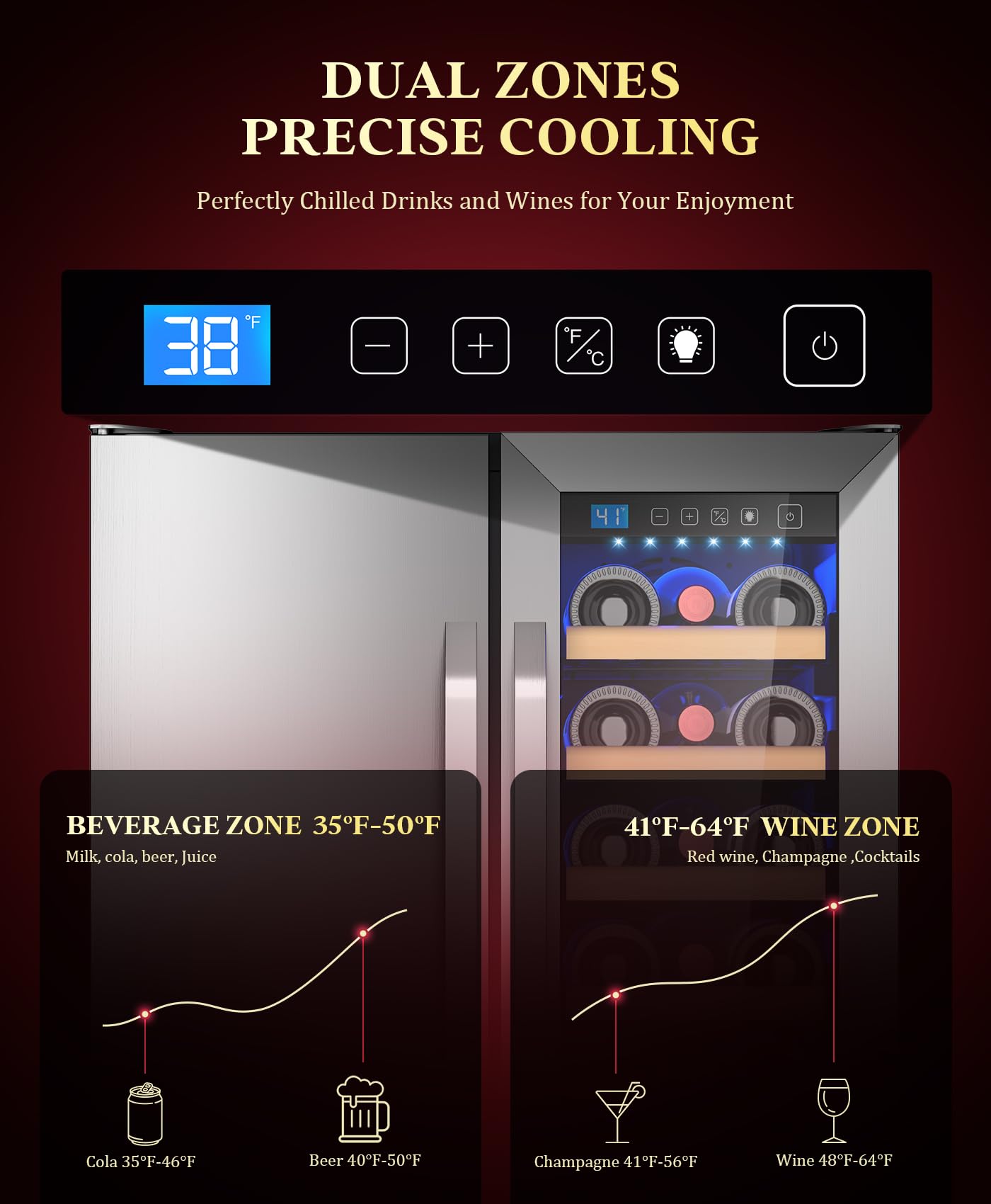 Eorice 24" 21-Bottle & 88-Can Hybrid Door Dual Zone Built-In Or Freestanding Under Counter Refrigerator, Curved Handle - View 3 | Fridge.com