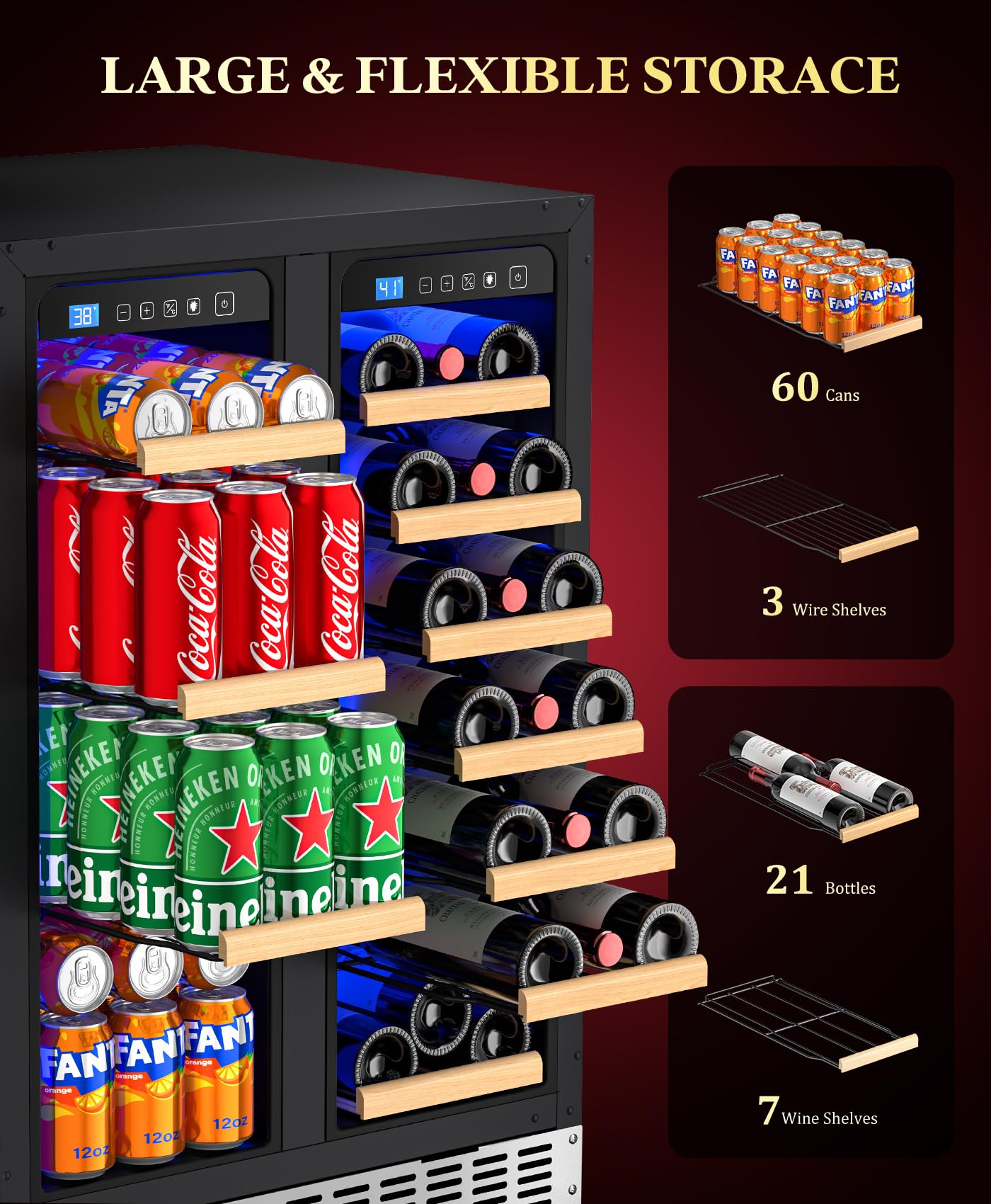 Eorice 24" 21-Bottle & 88-Can Hybrid Door Dual Zone Built-In Or Freestanding Under Counter Refrigerator, Curved Handle - View 4 | Fridge.com