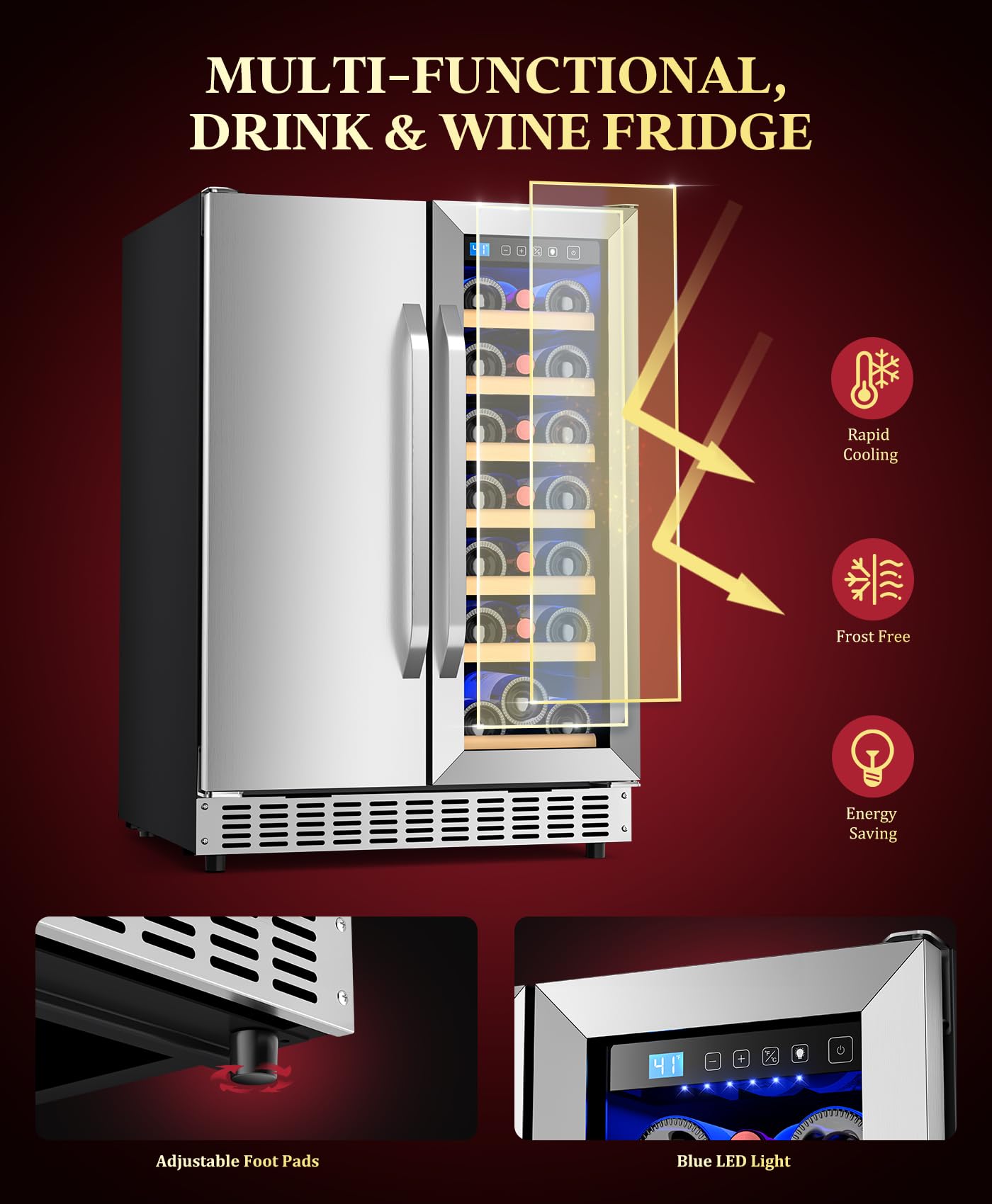 Eorice 24" 21-Bottle & 88-Can Hybrid Door Dual Zone Built-In Or Freestanding Under Counter Refrigerator, Curved Handle - View 5 | Fridge.com