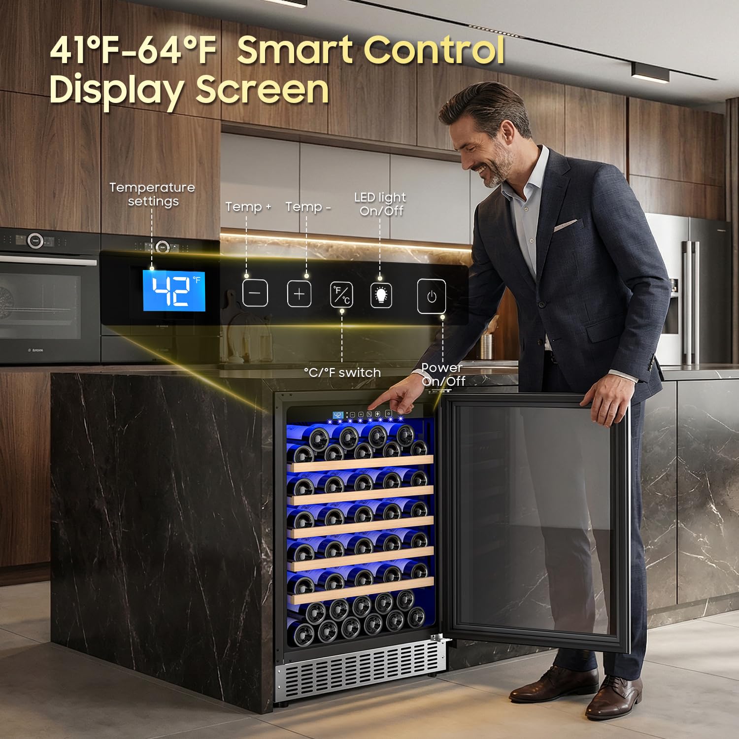 24 Inch Wine Fridge 54 Bottle Wine Cooler Refrigerator Freestanding/Built In, Compressor 4.9Cu.Ft Wine Cooler W/Lock & LED Display, 41-64 Digital Co - View 2 | Fridge.com