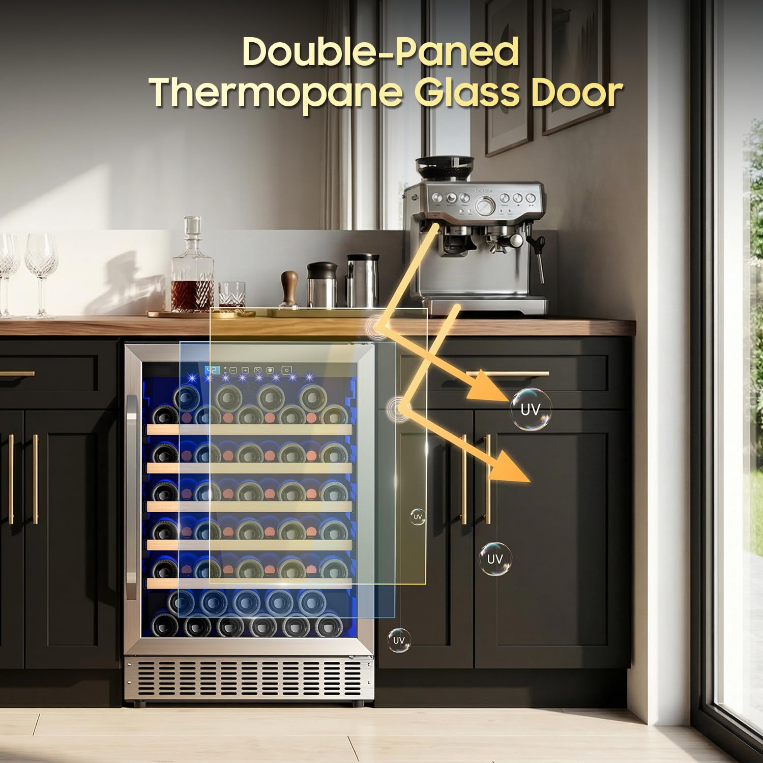 24 Inch Wine Fridge 54 Bottle Wine Cooler Refrigerator Freestanding/Built In, Compressor 4.9Cu.Ft Wine Cooler W/Lock & LED Display, 41-64 Digital Co - View 3 | Fridge.com