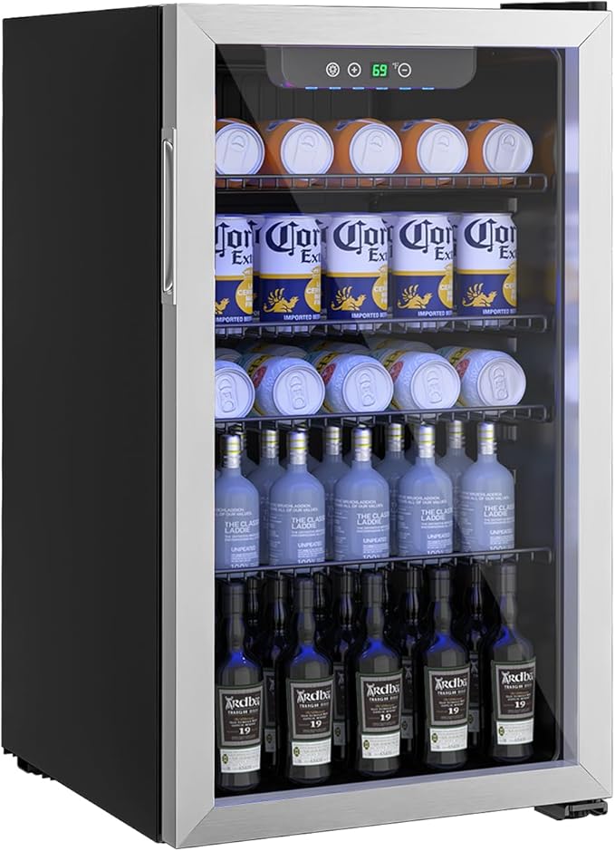 Erivess Beverage Refrigerator and Cooler, 110 Can/3.1 Cu Ft Mini Fridge with Glass Door, Adjustable Shelves for Soda,Bee,Wine, Free Standing Small Refrigerator, Digital Display, for Home, Bar, Office | Fridge.com