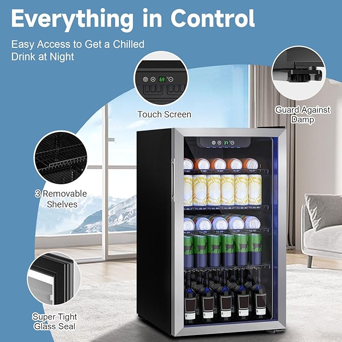 Erivess Beverage Refrigerator And Cooler, 110 Can/3.1 cu ft Mini Fridge With Glass Door, Adjustable Shelves For Soda,Bee,Wine, Free Standing Small Refrigerator, Digital Display, For Home, Bar, Office - View 2 | Fridge.com