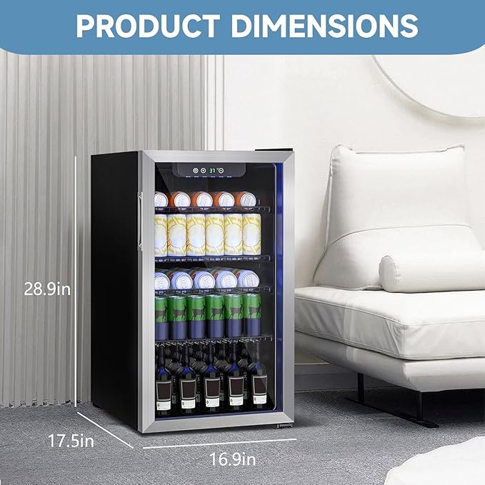 Erivess Beverage Refrigerator And Cooler, 110 Can/3.1 cu ft Mini Fridge With Glass Door, Adjustable Shelves For Soda,Bee,Wine, Free Standing Small Refrigerator, Digital Display, For Home, Bar, Office - View 5 | Fridge.com