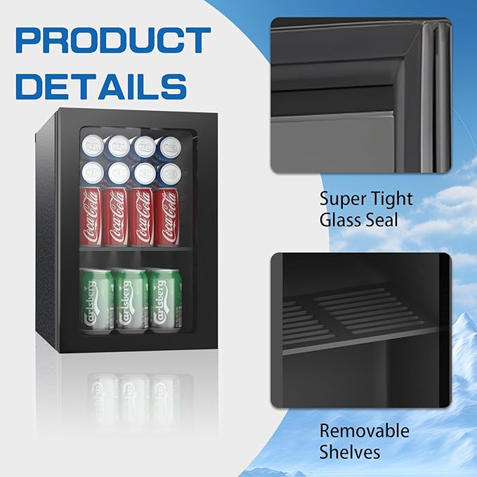 Erivess Compact Freestanding Beverage Refrigerator,24 Can/0.9 Cubic Feet Mini Fridge with Reversible Glass Front Door for Soda, Beer or Wine, Under Counter Small Refrigerator with Adjustable Shelves | Fridge.com
