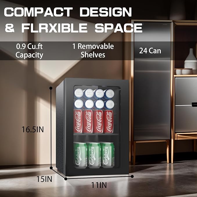 Erivess Compact Freestanding Beverage Refrigerator,24 Can/0.9 Cubic Feet Mini Fridge With Reversible Glass Front Door For Soda, Beer Or Wine, Under Counter Small Refrigerator With Adjustable Shelves - View 5 | Fridge.com