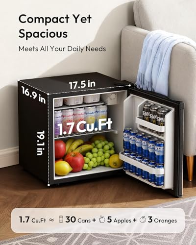 Euhomy 1.7 cu.ft Mini Fridge With Freezer, Reversible Single Door Compact Refrigerator, Adjustable Thermostat, Energy Saving, Mini Fridge For Bedroom, Office, Dorm, Black - View 3 | Fridge.com