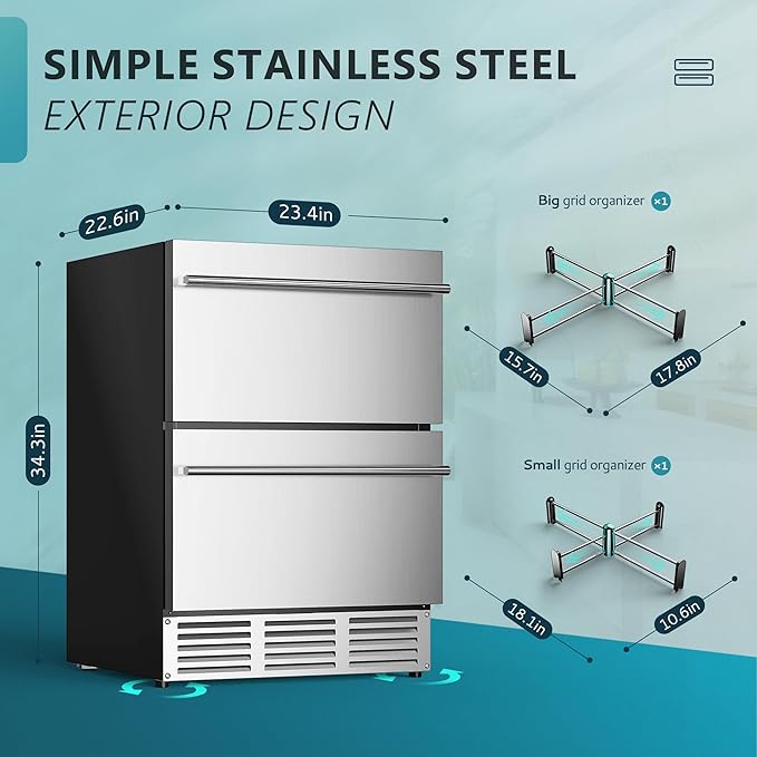 Euhomy 24 Inch Under Counter Double Drawer Fridge, Weather Proof Stainless Steel Outdoor Beverage Refrigerator For Patio, Built-In Beverage Fridge For Home & Commercial Use Stainless Steel Silver - View 6 | Fridge.com