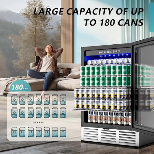 Euhomy 24 Inch Beverage Refrigerator, 180 Can Built-In Beverage Cooler, Under Counter Beer Fridge With Glass Door For Soda, Water, Wine - For Kitchen, Bar Or Office - View 3 | Fridge.com