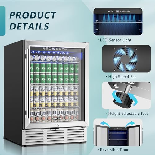 Euhomy 24 Inch Beverage Refrigerator, 180 Can Built-In Beverage Cooler, Under Counter Beer Fridge With Glass Door For Soda, Water, Wine - For Kitchen, Bar Or Office - View 6 | Fridge.com