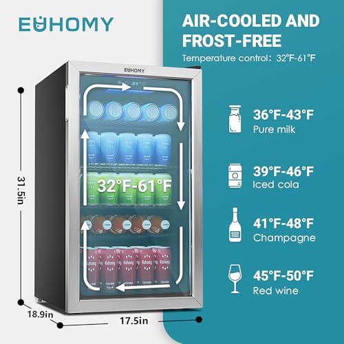 EUHOMY Beverage Refrigerator Cooler, 130 Can Mini Fridge with Glass Door for Soda Beer or Wine, Beverage Cooler for Home, Office, Bar with Adjustable Removable Shelves, Silver | Fridge.com
