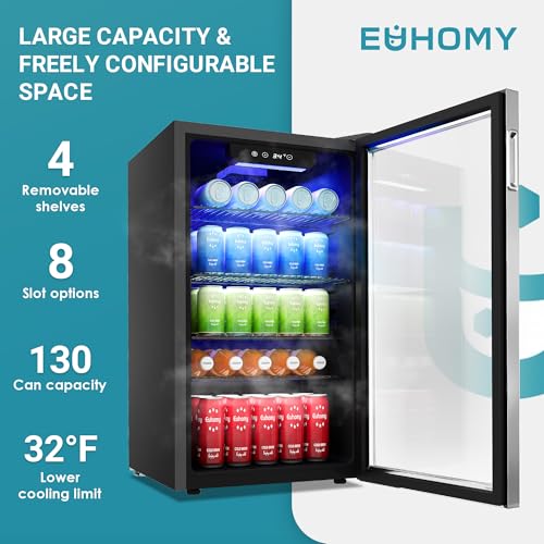EUHOMY Beverage Refrigerator Cooler, 130 Can Mini Fridge with Glass Door for Soda Beer or Wine, Beverage Cooler for Home, Office, Bar with Adjustable Removable Shelves, Silver | Fridge.com