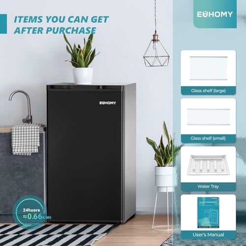 Euhomy 3.2 cu.ft Mini Fridge With Freezer, Single Door Compact Refrigerator, Adjustable Thermostat, Mini Refrigerator Energy Saving, Mini Fridge For Bedroom, Dorm, Office, Black - View 6 | Fridge.com