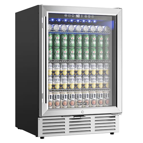 Euhomy 24 Inch Beverage Refrigerator, 180 Can Built-in Beverage Cooler, Under Counter Beer Fridge with Glass Door for Soda, Water, Wine - For Kitchen, Bar or Office | Fridge.com