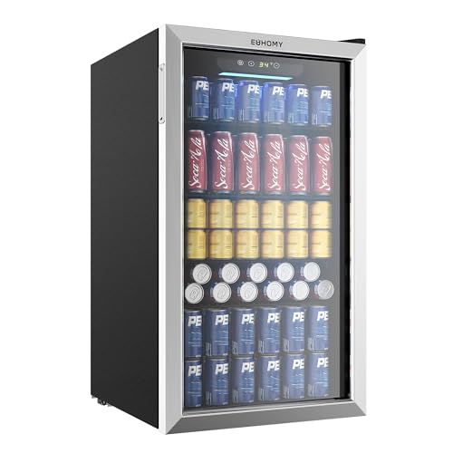 Euhomy Beverage Refrigerator Cooler, 130 Can Mini Fridge with Glass Door for Soda Beer or Wine, Beverage Cooler for Home, Office, Bar with Adjustable Removable Shelves, Silver | Fridge.com