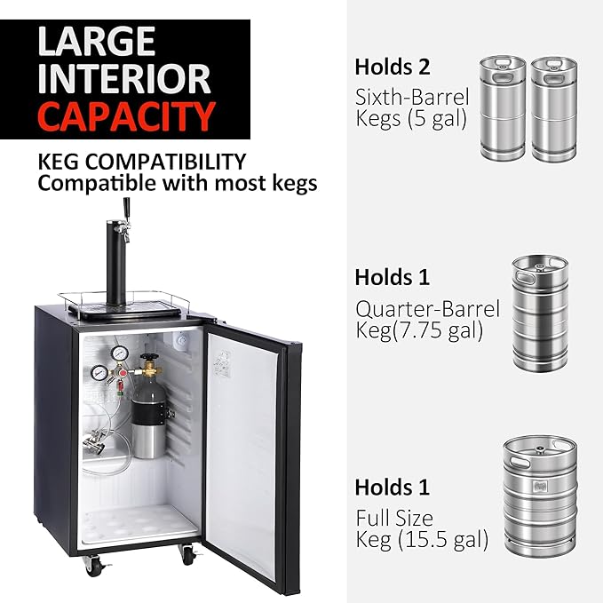 Beer Kegerator, Single Tap Draft Beer Dispenser, Full Size Kegerator And Keg Beer Cooler With Shelves & Drip Tray & 4 Casters, Stainless Steel Keg Dispenser, 32°F- 50°F Temperature Control, 97L - View 2 | Fridge.com
