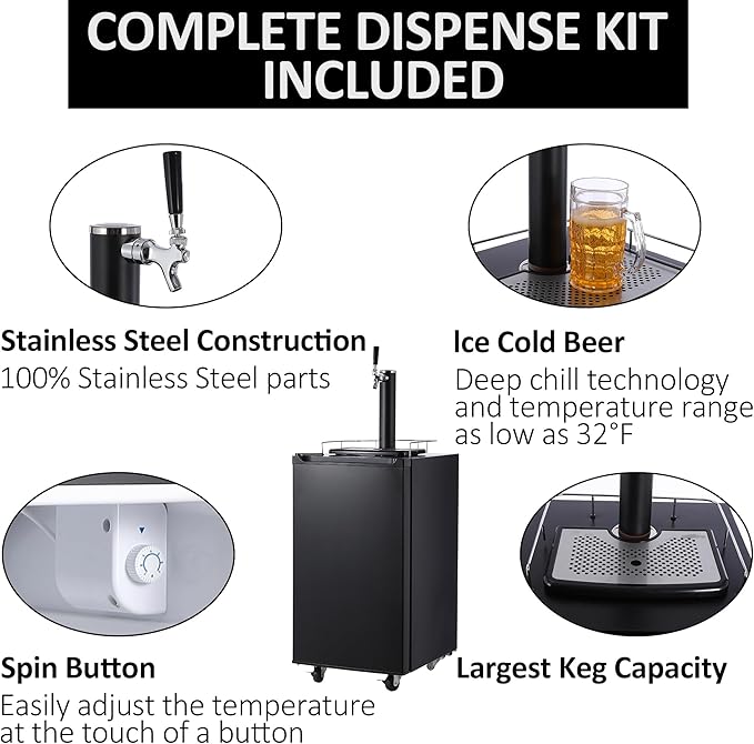 Beer Kegerator, Single Tap Draft Beer Dispenser, Full Size Kegerator And Keg Beer Cooler With Shelves & Drip Tray & 4 Casters, Stainless Steel Keg Dispenser, 32°F- 50°F Temperature Control, 97L - View 4 | Fridge.com