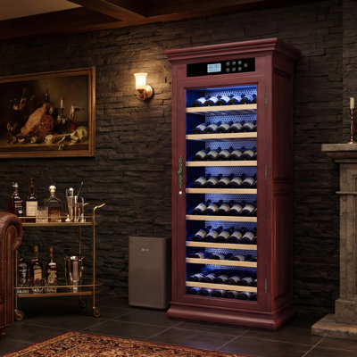 Freestanding Wine Cabinet, Stylish Wine Cooler With UV-Resistant Glass Door, LED Light & Storage Rack — FIN-0016969 | Fridge.com