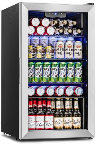 Feelfunn Beverage Refrigerator Cooler - 126 Can Mini Fridge Glass Door for Drinks Soda Beer Wine - Small Refrigerator for Office Bedroom Home Bar, 4 Adjustable Shelves, 3.2 Cu.Ft, Silver | Fridge.com