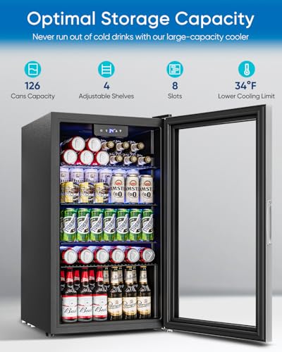 Feelfunn Beverage Refrigerator Cooler - 126 Can Mini Fridge Glass Door For Drinks Soda Beer Wine - Small Refrigerator For Office Bedroom Home Bar, 4 Adjustable Shelves, 3.2 cu.ft, Silver - View 2 | Fridge.com