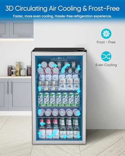 Feelfunn Beverage Refrigerator Cooler - 126 Can Mini Fridge Glass Door For Drinks Soda Beer Wine - Small Refrigerator For Office Bedroom Home Bar, 4 Adjustable Shelves, 3.2 cu.ft, Silver - View 4 | Fridge.com