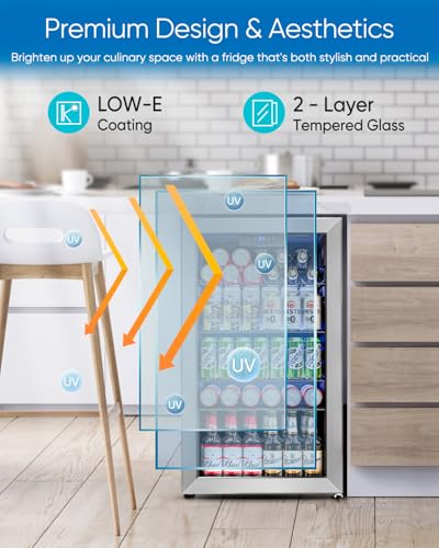 Feelfunn Beverage Refrigerator Cooler - 126 Can Mini Fridge Glass Door For Drinks Soda Beer Wine - Small Refrigerator For Office Bedroom Home Bar, 4 Adjustable Shelves, 3.2 cu.ft, Silver - View 5 | Fridge.com