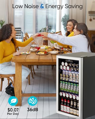 Feelfunn Beverage Refrigerator Cooler - 126 Can Mini Fridge Glass Door For Drinks Soda Beer Wine - Small Refrigerator For Office Bedroom Home Bar, 4 Adjustable Shelves, 3.2 cu.ft, Silver - View 6 | Fridge.com