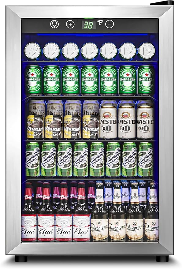 Feelfunn 4.5 Cu.Ft Beverage Refrigerator Cooler - 145 Can Mini Fridge Glass Door for Soda Beer Wine, Small Refrigerator for Bedroom Office Home Bar, 4 Adjustable Shelves, Silver | Fridge.com