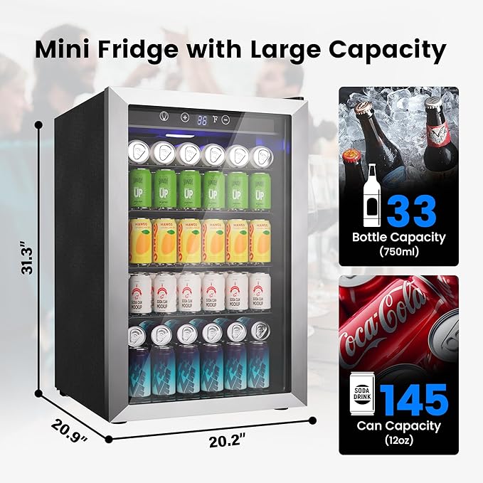 Feelfunn 4.5 Cu.Ft Beverage Refrigerator Cooler - 145 Can Mini Fridge Glass Door for Soda Beer Wine, Small Refrigerator for Bedroom Office Home Bar, 4 Adjustable Shelves, Silver | Fridge.com