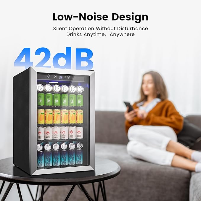 Feelfunn 4.5 cu.ft Beverage Refrigerator Cooler - 145 Can Mini Fridge Glass Door For Soda Beer Wine, Small Refrigerator For Bedroom Office Home Bar, 4 Adjustable Shelves, Silver - View 5 | Fridge.com