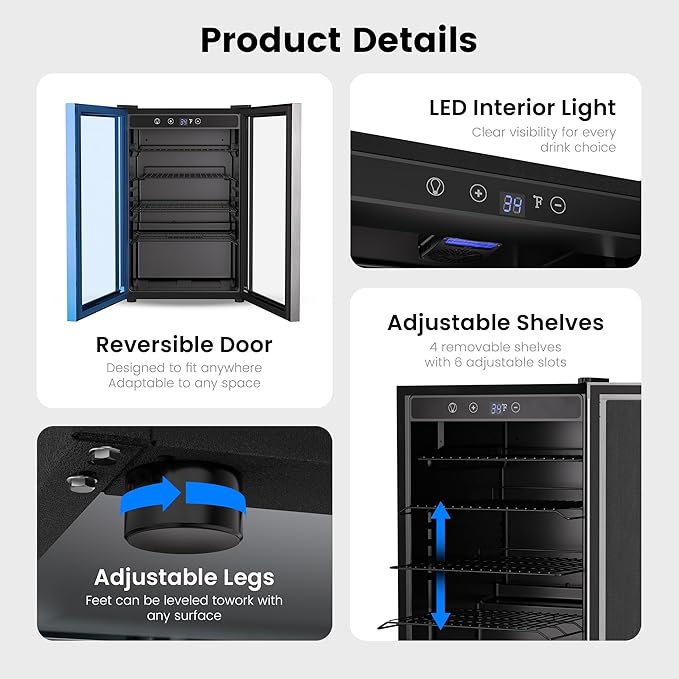 Feelfunn 4.5 cu.ft Beverage Refrigerator Cooler - 145 Can Mini Fridge Glass Door For Soda Beer Wine, Small Refrigerator For Bedroom Office Home Bar, 4 Adjustable Shelves, Silver - View 6 | Fridge.com