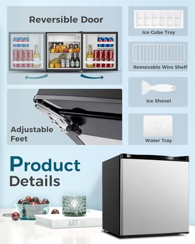 Feelfunn Mini Fridge With Freezer - 1.7 cu.ft Single Door Mini Refrigerator With Adjustable Thermostat, Low Noise, Energy Saving, Small Fridge For Bedroom, Apartment, Dorm, Classroom, Office - Silver - View 5 | Fridge.com