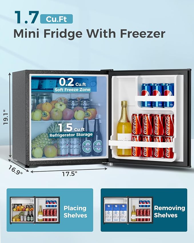 Feelfunn Small Fridge With Freezer - 1.7 cu.ft Single Door Mini Fridge With Adjustable Thermostat, Energy Saving, Low Noise, Small Refrigerator For Bedroom, Office, Dorm, Apartment, Classroom - Black - View 2 | Fridge.com