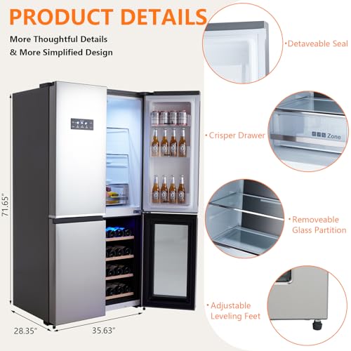 Festisoul 21 cu.ft. French Door Refrigerator With Wine Cooler, Counter Depth 4 Door Fridge With Automated Defrost & Touch Screen, Stainless Steel Large Multi Door Refrigerator For Home Modern Kitchen - View 2 | Fridge.com