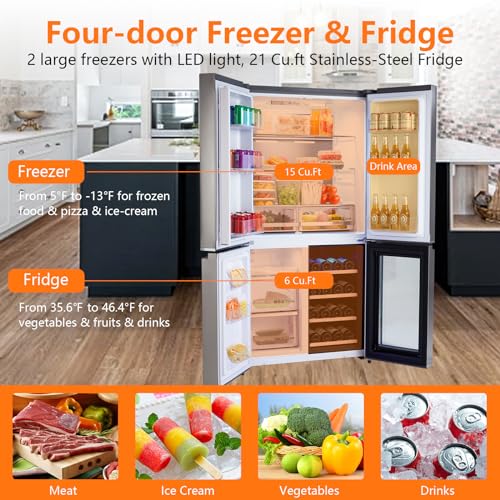 Festisoul 21 cu.ft. French Door Refrigerator With Wine Cooler, Counter Depth 4 Door Fridge With Automated Defrost & Touch Screen, Stainless Steel Large Multi Door Refrigerator For Home Modern Kitchen - View 3 | Fridge.com