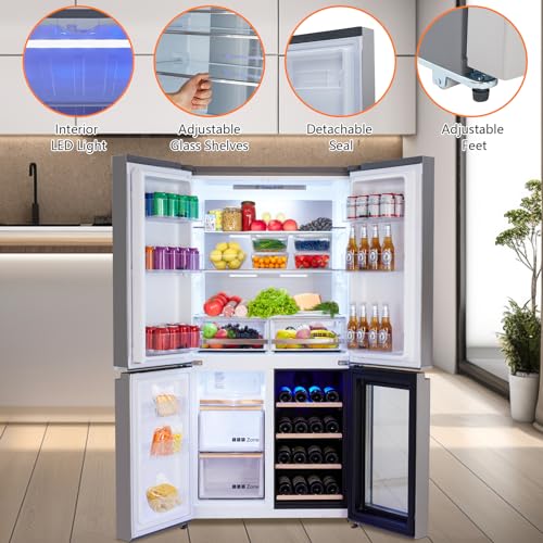 Festisoul 21 cu.ft. French Door Refrigerator With Wine Cooler, Counter Depth 4 Door Fridge With Automated Defrost & Touch Screen, Stainless Steel Large Multi Door Refrigerator For Home Modern Kitchen - View 5 | Fridge.com