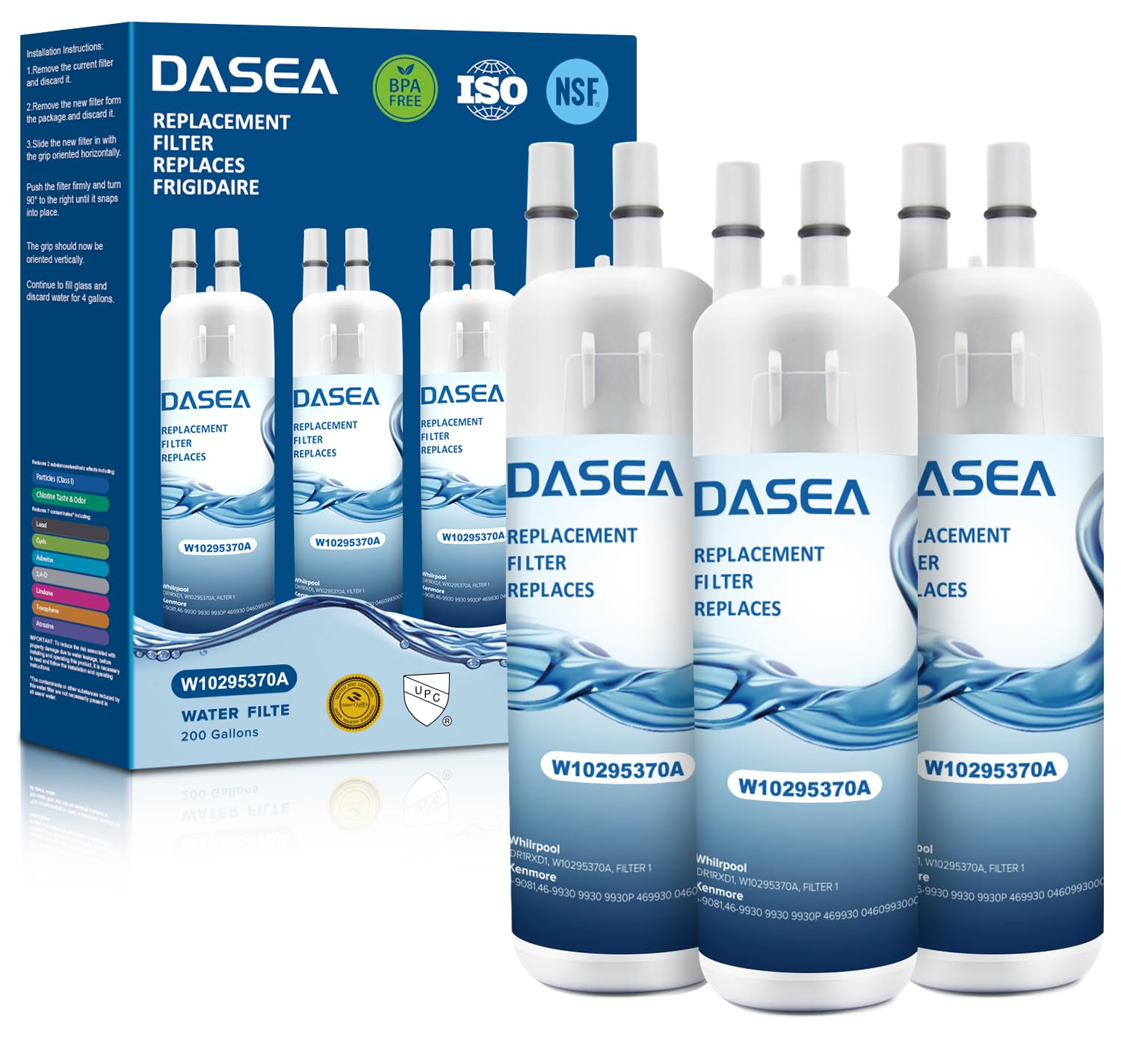 DASEA W10295370A Filter Replacement Compatible with W10295370, Filter 1, EDR1RXD1, WHR1RXD1, P8RFWB2L, P8WB2L, P4RFWB, 46-9930, 46-9081 (3 Pack) | Fridge.com