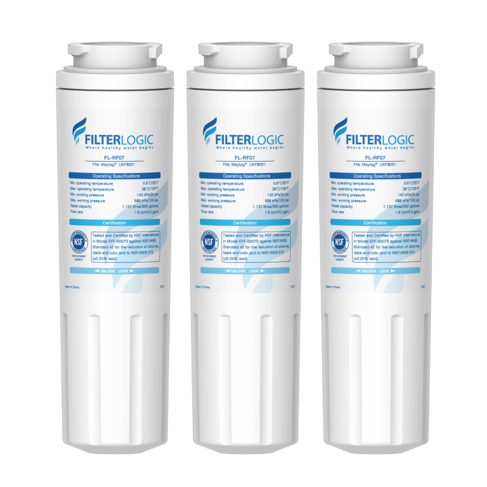 Filterlogic UKF8001 Replacement for EveryDrop® Filter 4, Whirlpool® EDR4RXD1, Maytag® 4396395, UKF8001AXX-200, UKF8001AXX-750, 46-9006, Puriclean II, FL-RF07, Refrigerator Water Filter, Pack of 3 | Fridge.com