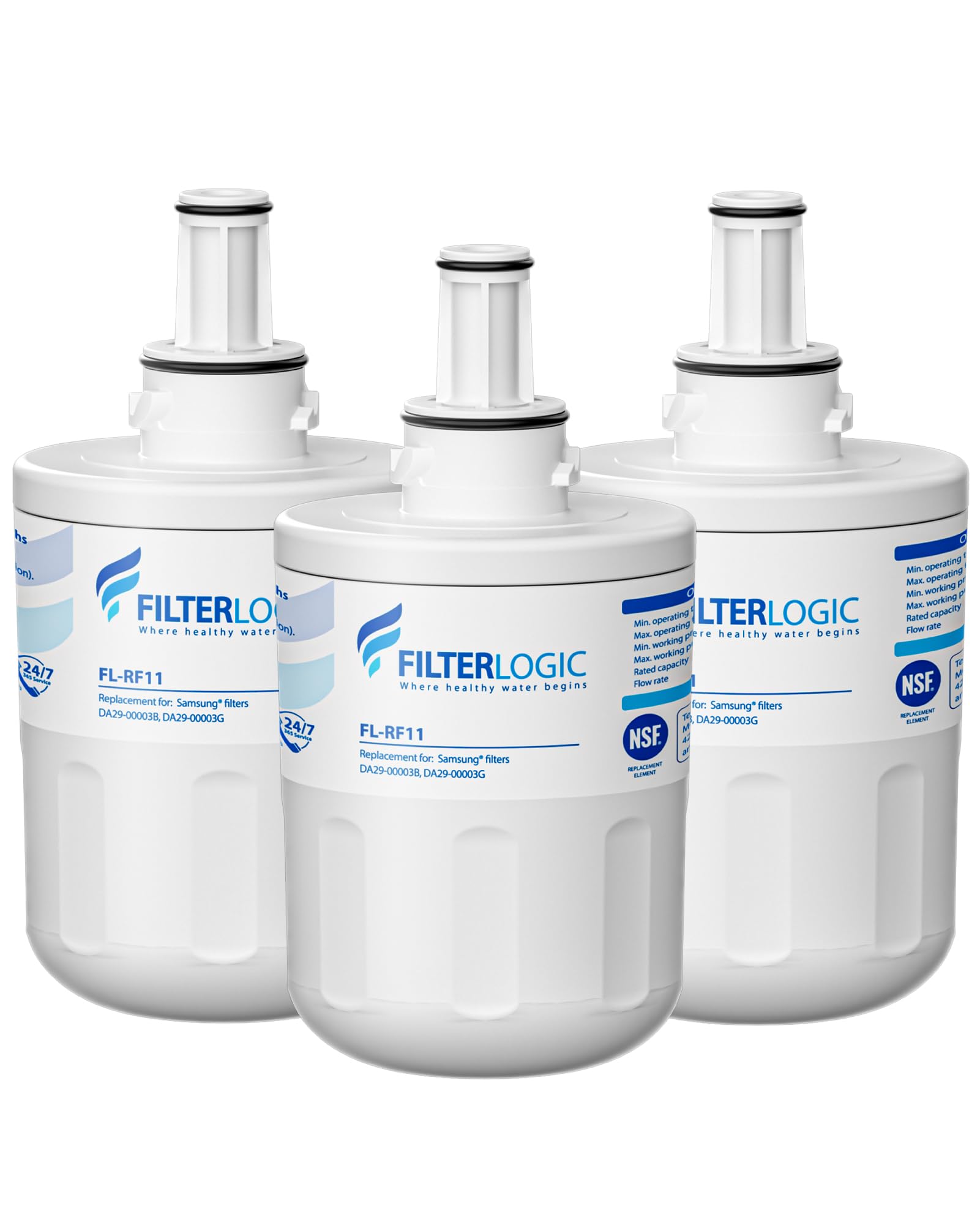 Filterlogic FL-RF11 Refrigerator Water Filter, Replacement For Samsung® DA29-00003G, DA29-00003B, Aqua-Pure Plus, RFG237AARS, DA29-00003F, HAFCU1, RFG297AARS, RS22HDHPNSR, Wss-1, 3 Filters - View 1 | Fridge.com