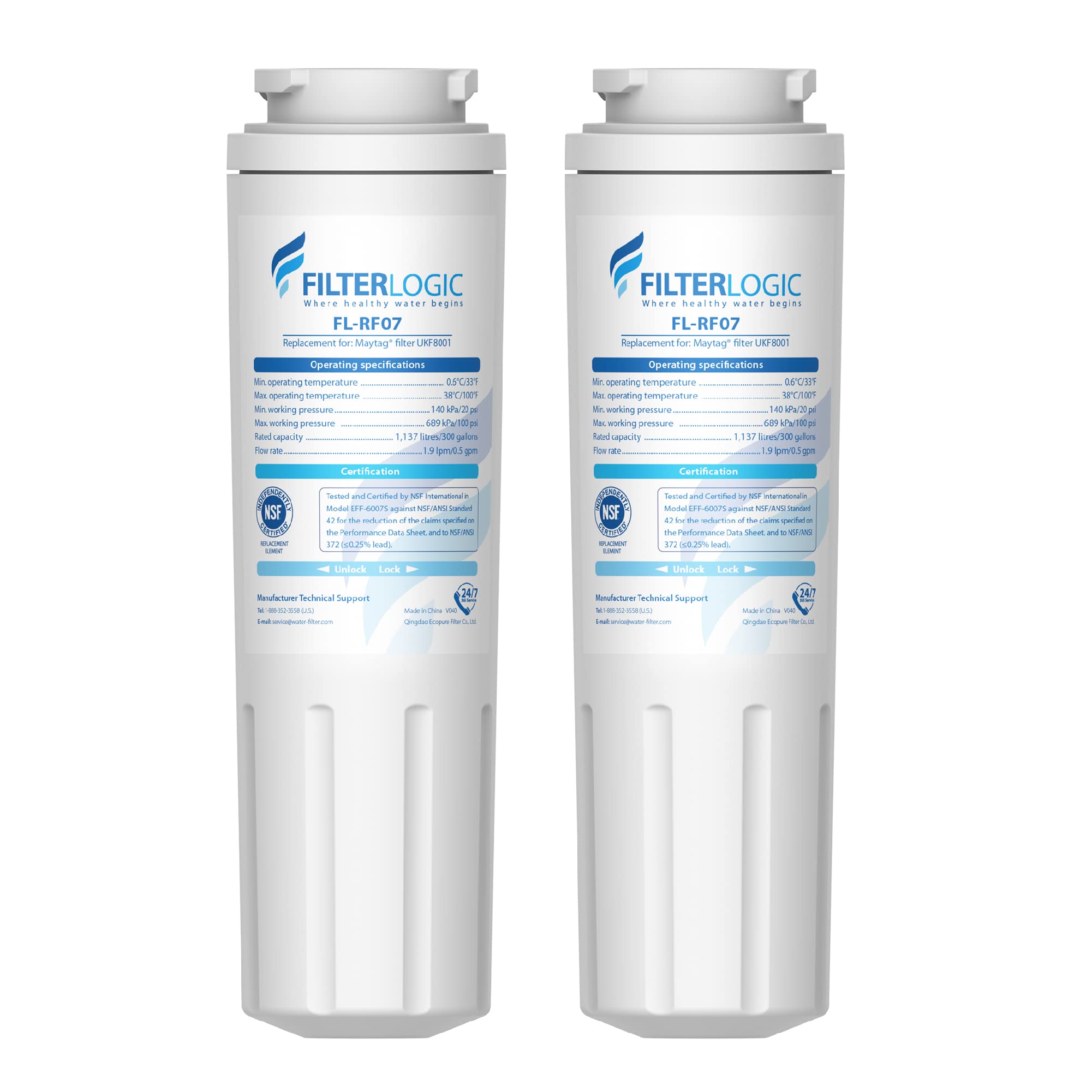 Filterlogic UKF8001 Replacement for Filter 4, Whirlpool EDR4RXD1, Maytag 4396395, UKF8001AXX-200, UKF8001AXX-750, 46-9006, Puriclean II, FMM-2, FL-RF07, Refrigerator Water Filter, Pack of 2 | Fridge.com