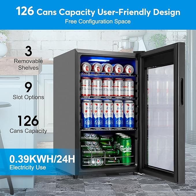 Fomup Beverage Refrigerator 17 Inch Wide - 126 Can Beverage Cooler With Glass Door | Counter-Top/Freestanding Mini Beverage Beer Fridge | Temperature Memory | Invisible Door | Perfect For Soda, Beer - View 2 | Fridge.com