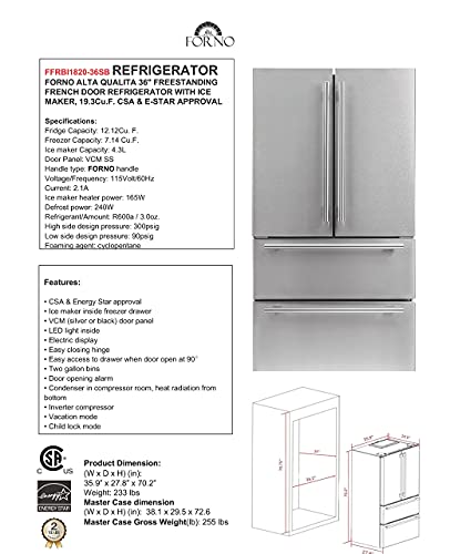 Forno Moena 36" Inch W. Refrigerator And Freezer With 19.2 cu.ft Total Capacity - French Door Counter Stainless Steel Freestanding Fridge With Ice Maker, Child Safety Lock And Touch Control - View 6 | Fridge.com