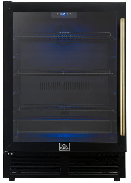 Forno Frescolino 24 Inch Beverage Cooler in Black, Antique Brass Handles, Triple Glass Door, 188 Can | Fridge.com