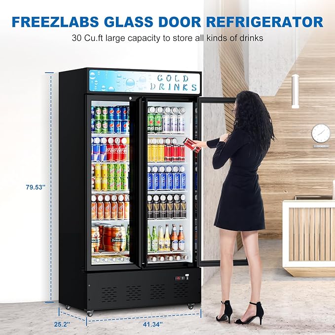 Freezlabs Commercial Glass Door Display Refrigerator 30 cu.ft Cooler Commercial Beverage Refrigerators With LED Light And 10 Shelves For Café, Restaurant, Store, Bar - View 3 | Fridge.com