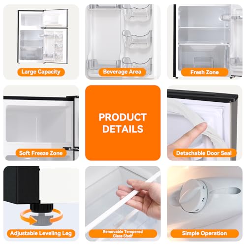 Frestec Mini Fridge with Freezer 3.2 Cu.Ft. 2 Door Refrigerator and Freezer Small Fridge for Bedroom Home Office Dorm, Small Drink Chiller, 37 dB Low Noise, Stainless Steel | Fridge.com