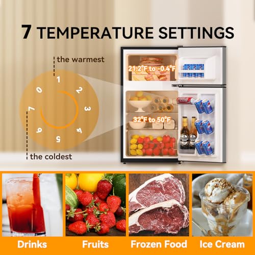 Frestec Mini Fridge With Freezer 3.2 cu.ft. 2 Door Refrigerator And Freezer Small Fridge For Bedroom Home Office Dorm, Small Drink Chiller, 37 dB Low Noise, Stainless Steel - View 6 | Fridge.com